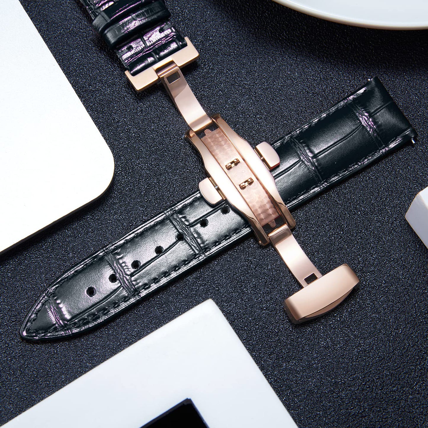 BINLUN Leather Watch Strap, Quick Release Genuine Leather Replacement Watch Band with Butterfly Deployment Buckle for Men and Women, 12mm-24mm(Black-Rose Gold,18mm)