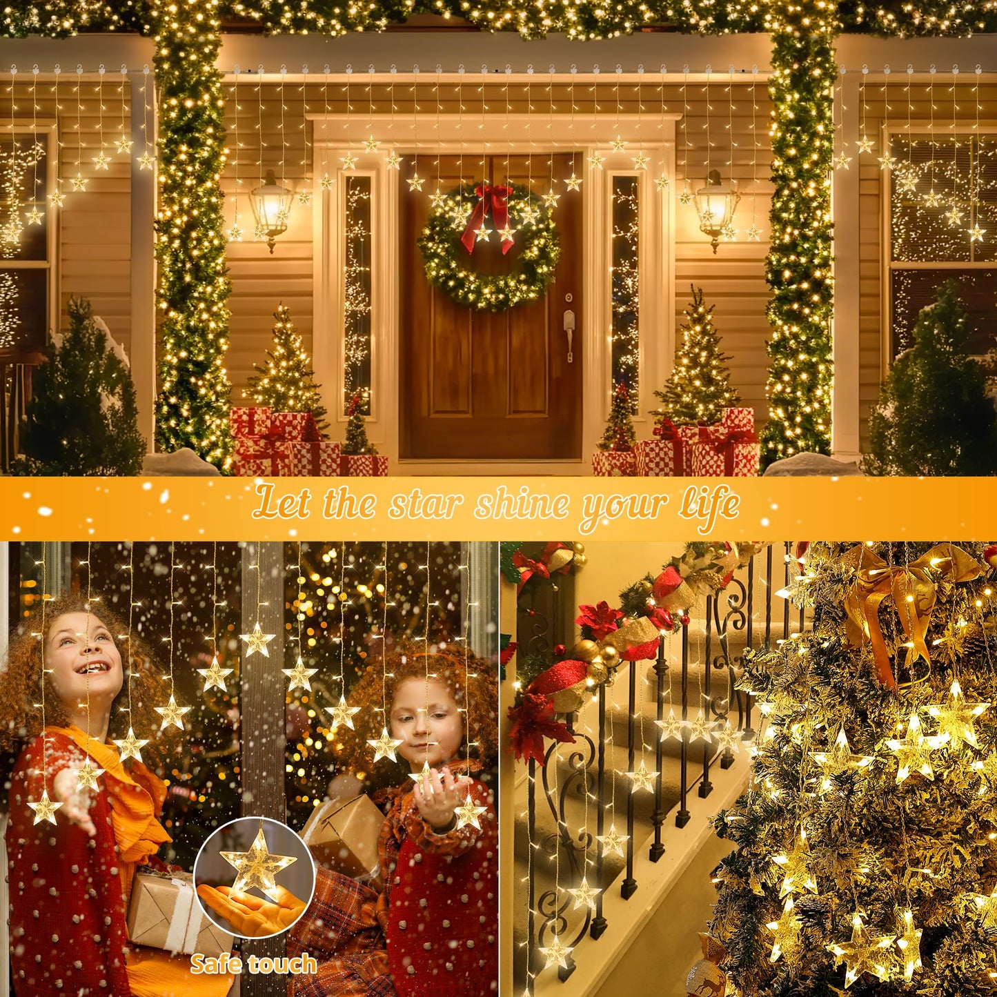 woohaha 118LED Star Icicle Lights,Window Curtain Light Plug in,8 Modes Timer Hanging String Lights,Connectable Warm White Star Lights for Bedroom Indoor Party Wedding Ramadan Christmas Decorations