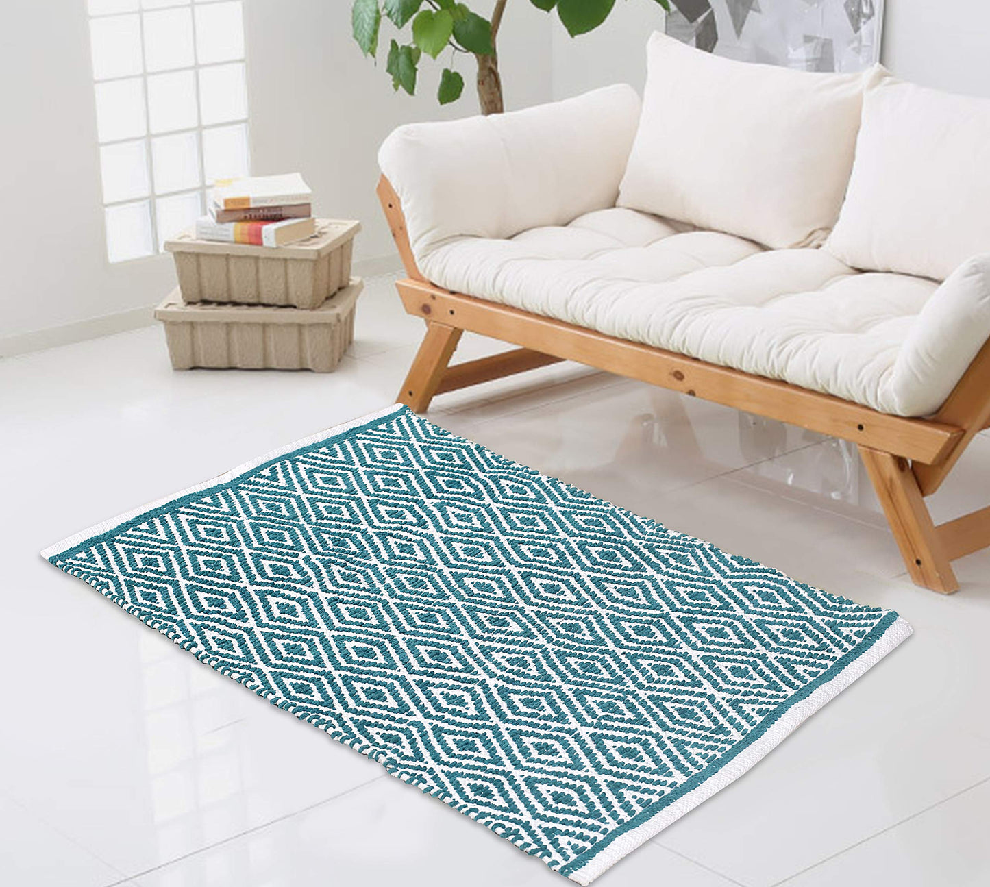 Ramanta Home 100% Cotton Diamond Handwoven Reversible Rug 21x34 Inch– Teal| Soft Washable Area Rug for Bathroom, Kitchen, Bedroom, Entryway | Durable Lightweight Handmade Accent Floor Mat | Boho Décor