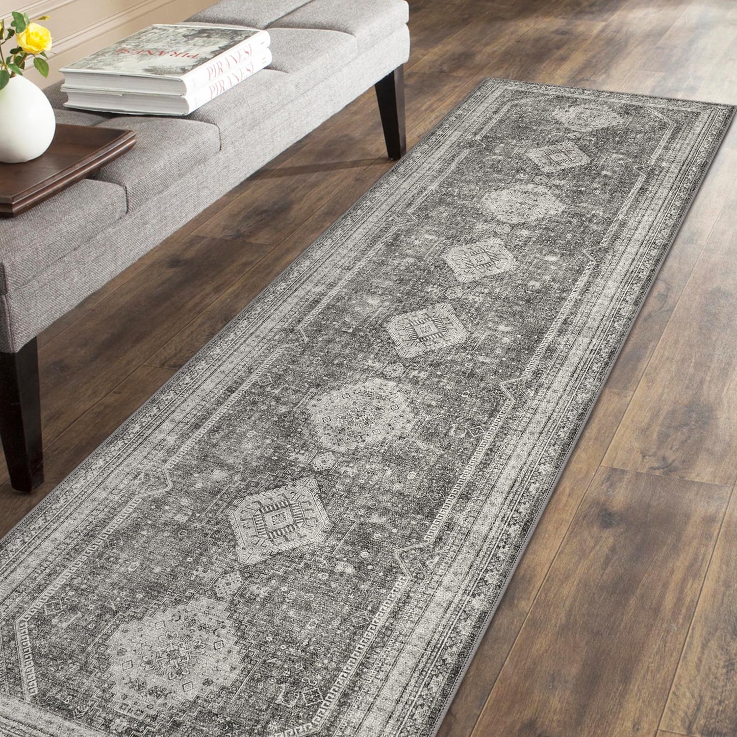 GENIMO 2x5 Non Slip Hallway Runner Rug, Machine Washable, Thin & Low Pile Lightweight for Kitchen, Laundry, Entryway, Bedroom & Living Room, Gray