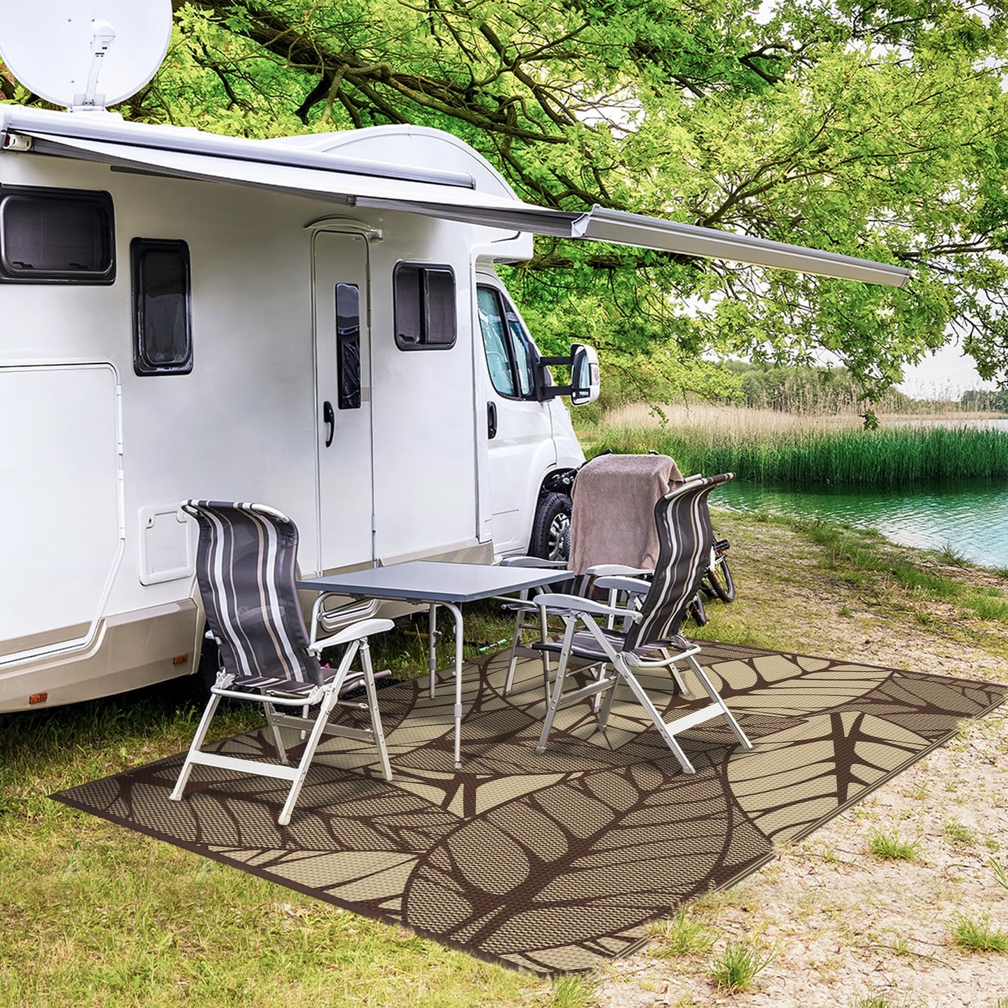 GENIMO Outdoor Rug 6' x 9' Waterproof for Patio Clearance, Reversible Plastic Straw Camping Carpet, Lightweight Mat for Rv, Camper, Deck, Porch, Picnic, Balcony, Beach,Dark Coffee & Beige