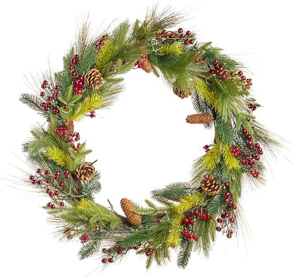 Red Co. 30” Light-Up Christmas Wreath with Pinecones & Evergreens, Battery-Operated LED Lights with Timer