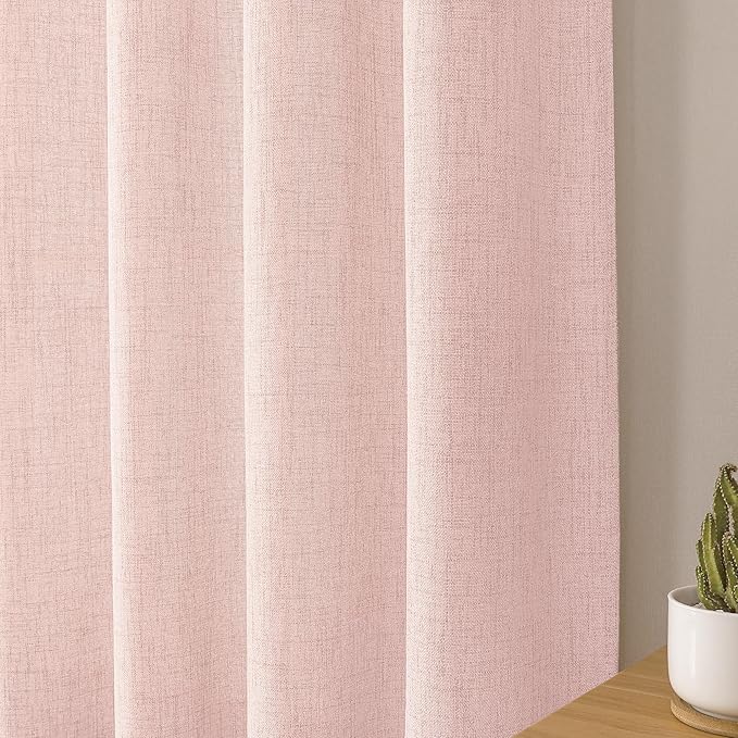 Tollpiz Linen Curtain Bedroom Rod Pocket Semi Sheer Curtains Burlap Light Filtering Thick Linen Drape for Living Room, 38 x 84 inches Long, Pink, Set of 2 Panels