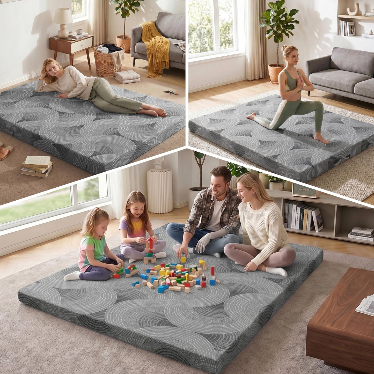 Castage Japanese Floor Mattress, 3.5" Thicken Futon Mattress Tatami Mat with Non-Slip Bottom,Removable Washable Cover,Foldable Mattress Tatami Mat Sleeping Pad，Grey Geometric，Queen(80''x60'')