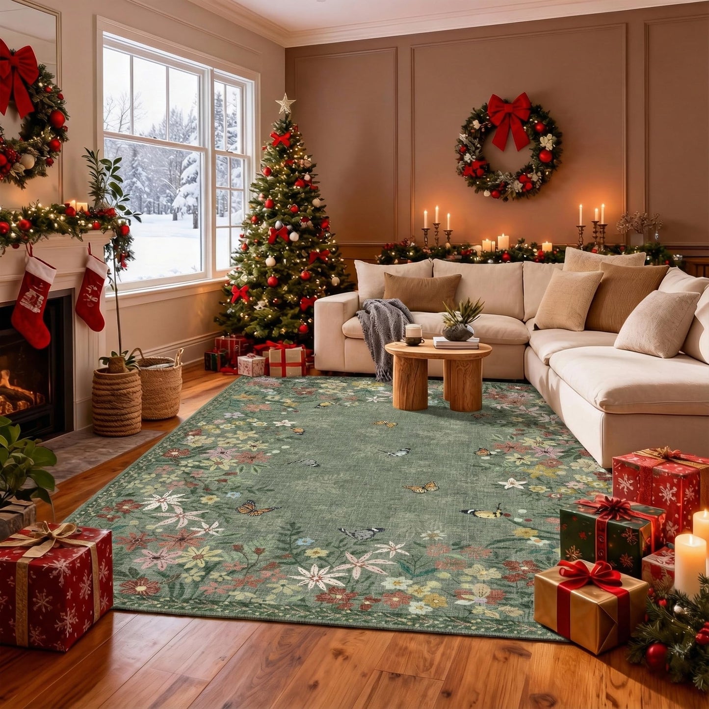 Floral 5x7 Green Area Rug Machine Washable Soft Print Boho Carpet Non Slip Rugs Low Pile Flower Area Rugs for Living Room Bedroom Nursery Kitchen Dining Room Indoor-Green