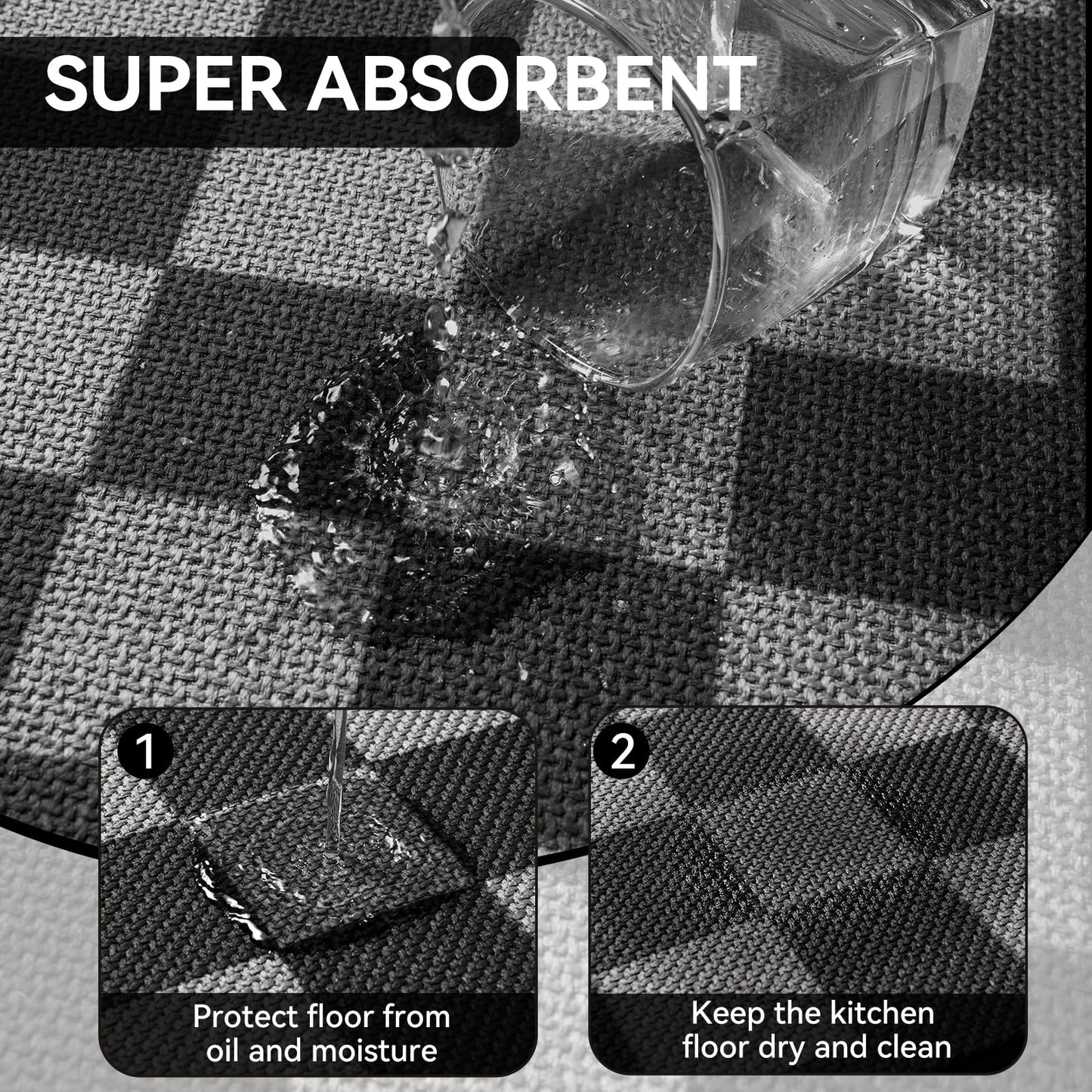 YDKGL Kitchen Mats for Floor Kitchen Rugs Non Slip Washable, Super Absorbent Linen-Look Woven Runner Rug, Kitchen Sink Mat Standing Mat, Black Gray Checkered 17"x47"