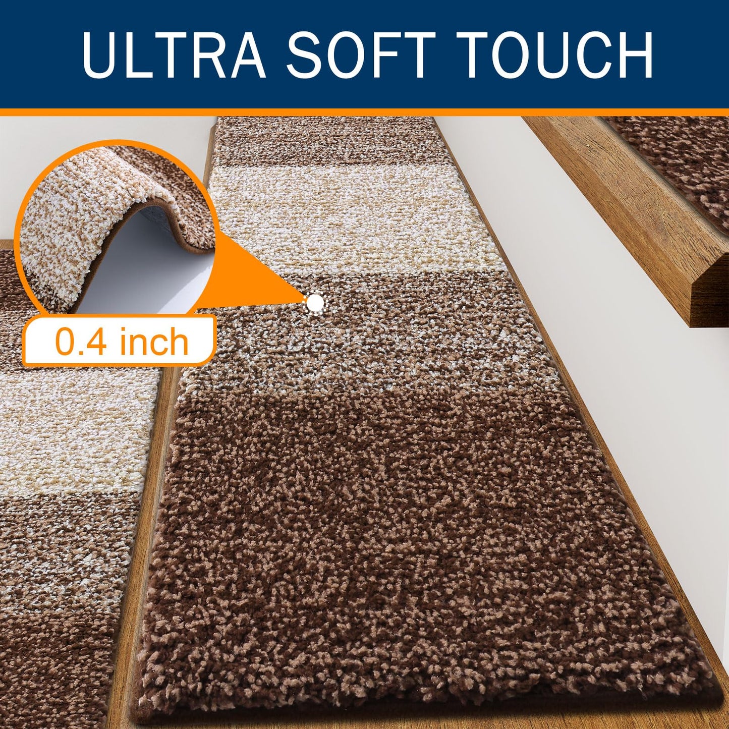OLANLY Stair Treads Non Slip 4PCS, 8" x 30" Indoor Stair Runners for Wooden Steps, Edging Stair Rugs with Reusable Peel and Stick Adhesive for Kids Elders and Pets, Brown
