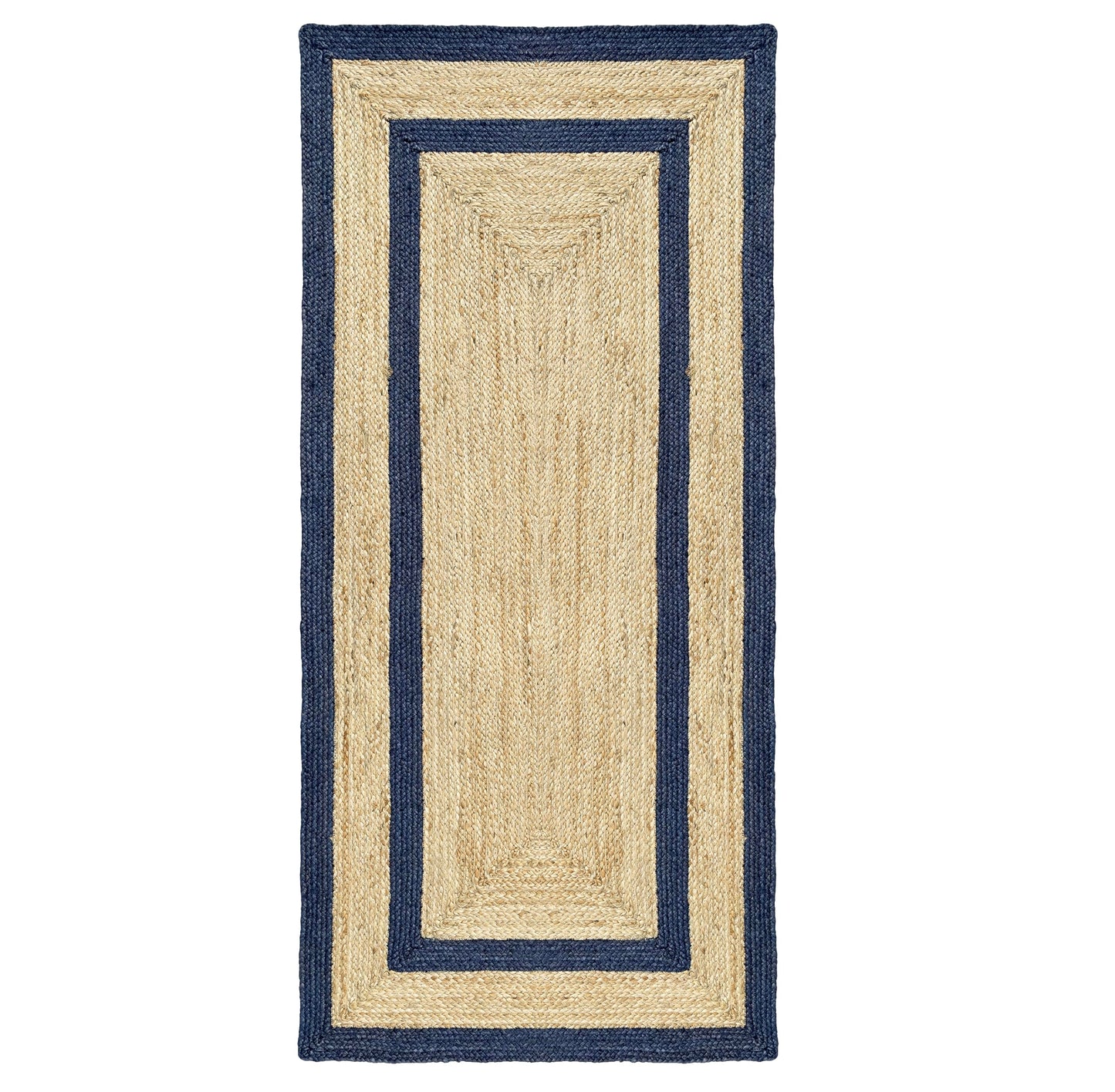Double Border Jute Runner Rug, Navy, 2'x6' Boho Farmhouse Coastal Décor for Kitchen, Hallway, Entryway