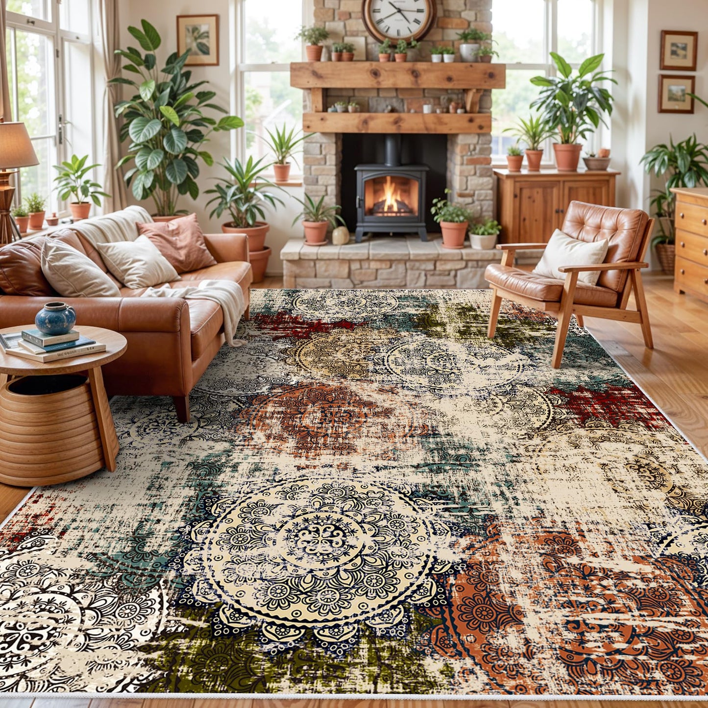 BYYVVO 9x12 Living Room Area Rugs - Washable Abstract Large Rug Ultra Soft Non-Slip Carpets for Bedroom Stain Resistant Low Pile Carpet Indoor Home Decor Mat 9x12 Red Green Multi