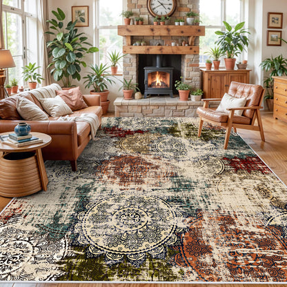 BYYVVO 9x12 Living Room Area Rugs - Washable Abstract Large Rug Ultra Soft Non-Slip Carpets for Bedroom Stain Resistant Low Pile Carpet Indoor Home Decor Mat 9x12 Red Green Multi