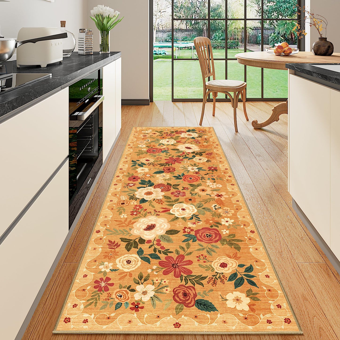 DUKINO 2x6 Runner Rug for Hallway, Washable Kitchen Runner Rug with Non Slip Backing, Low Pile Soft Boho Floral Runner for Kitchen, Hallway, Entryway, Laundry, Bedroom, Orange