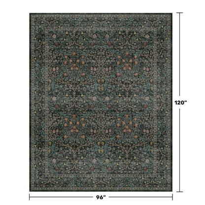 Vintage Dark Green Living Room Rug, 8x10 Washable Area Rugs for Dining Room Under Kitchen Table, Bedroom, Oriental Low Pile Stain Resistant Non-Slip Large Carpet (8x10 Dark Green)