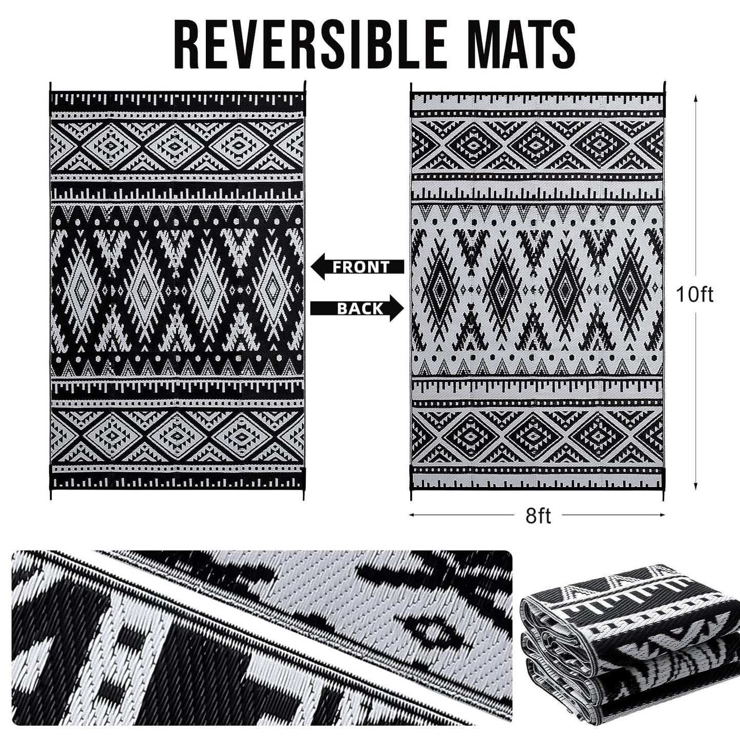 OLANLY Outdoor Rug Waterproof 8x10 ft, Reversible Outdoor Plastic Straw Rug, Boho Patio Rug, Indoor Outdoor Carpet, RV Mat Outside for Patio, Camp, Picnic, Balcony, Deck, Backyard, Black & White