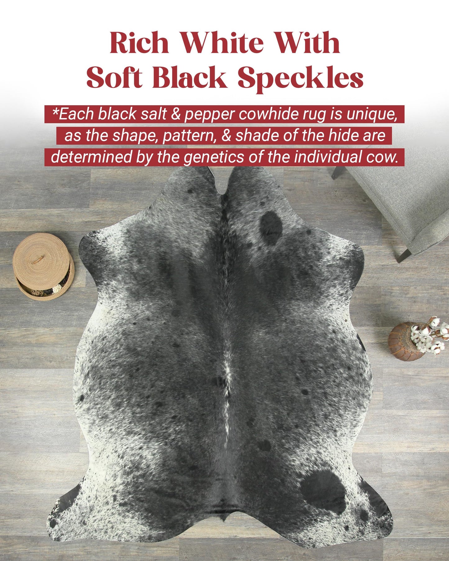 HIDES BAZAAR Black Salt and Pepper Cowhide Rug Premium Black and White Rugs for Living Room & More - Unique Black and White Rug Made Tanned Leather Cow Hides - Cow Hide Rugs 6x7-8 ft