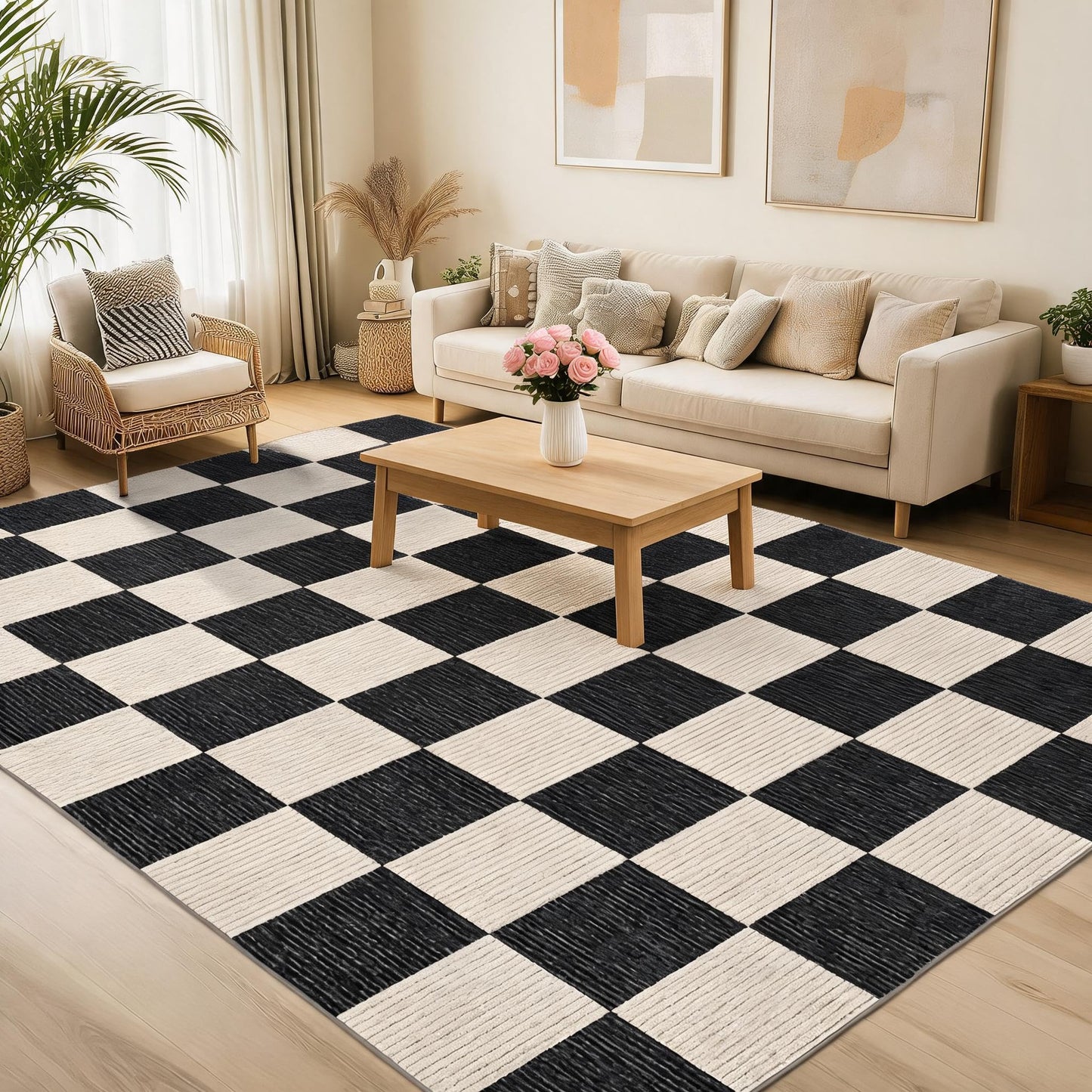 Garvee Modern Checkered Rug 5x7 Area Rugs for Living Room Washable Rugs Bedroom Rug Stain Resistant Non Slip Floor Cover for Dining Room Office Nursery Not Braided, Black