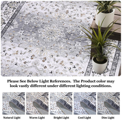 GarveeHome Washable Vintage Boho Floral Gray Rug - 5'x7' Soft Faux Wool Low Pile Stain Resistant Carpet for Living Room, Bedroom, Office, Nursery, Dining Room
