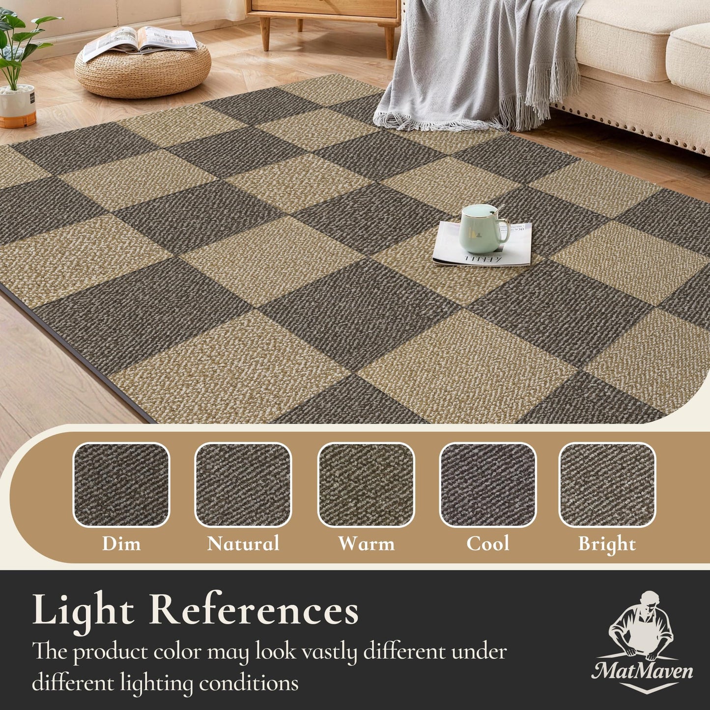 MatMaven Area Rugs for Kitchen,Living Room,6 Pieces 12"x12" Super Absorbent and DIY Square Carpet,Non Slip Machine Washable Rug,Soft Indoor Floor Carpet for Bedroom,Office,Sink,Laundry,Beige