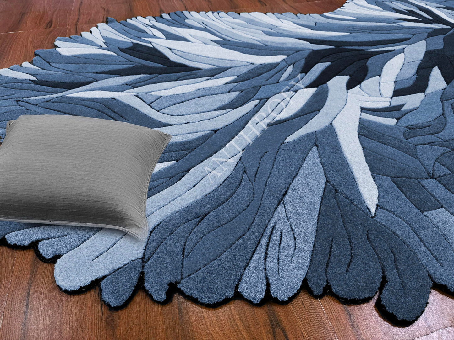 Anthrofy Irregular Shape Wool Area Rug – 3’ x 5' – Blue Color Handmade Unique Contemporary Botanical Design – Thick & Soft Rugs for Living Room, Bedroom
