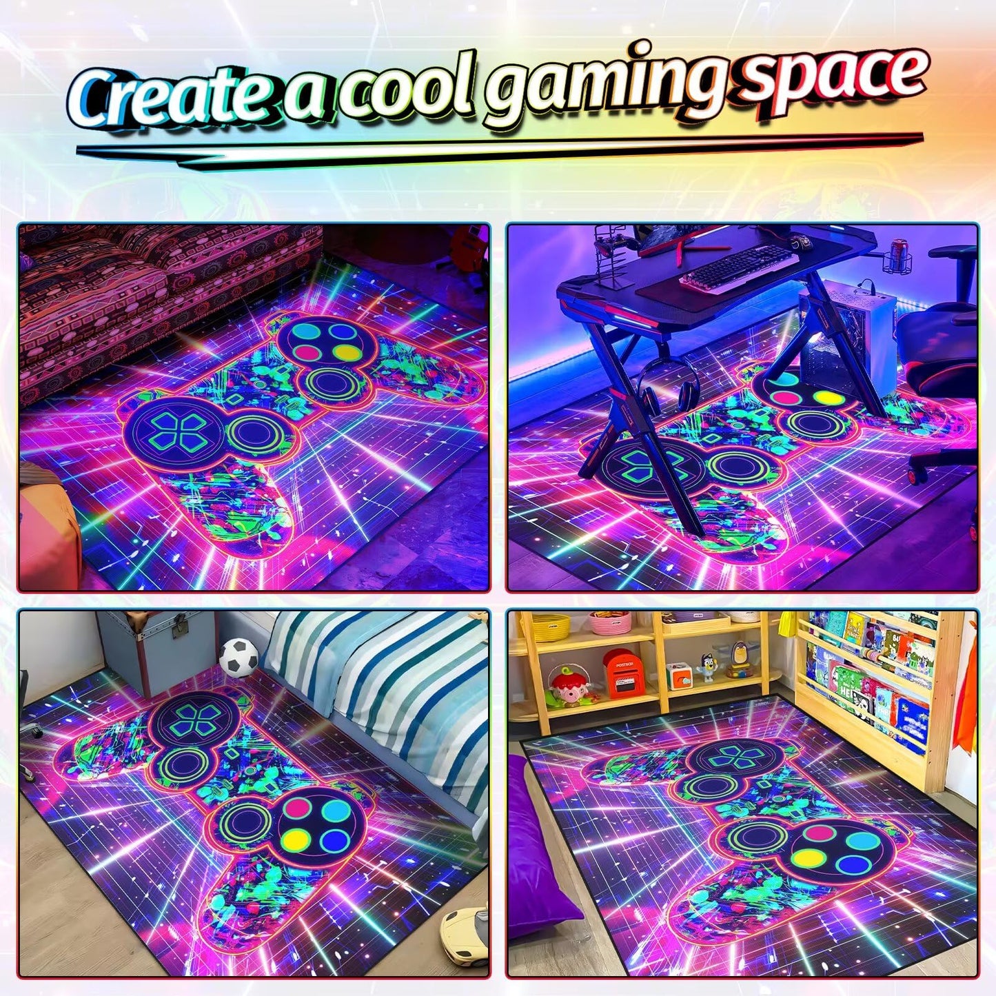 Auetwyona Gaming Rug for Boys Bedroom Decor - Gamer Area Rug Video Game Gaming Carpet for Bedroom Gamepad Design Purple Rug for Kids Room,Boys Game Room & Dorm -Anti-Slip Floor Mat 59 x 35 in