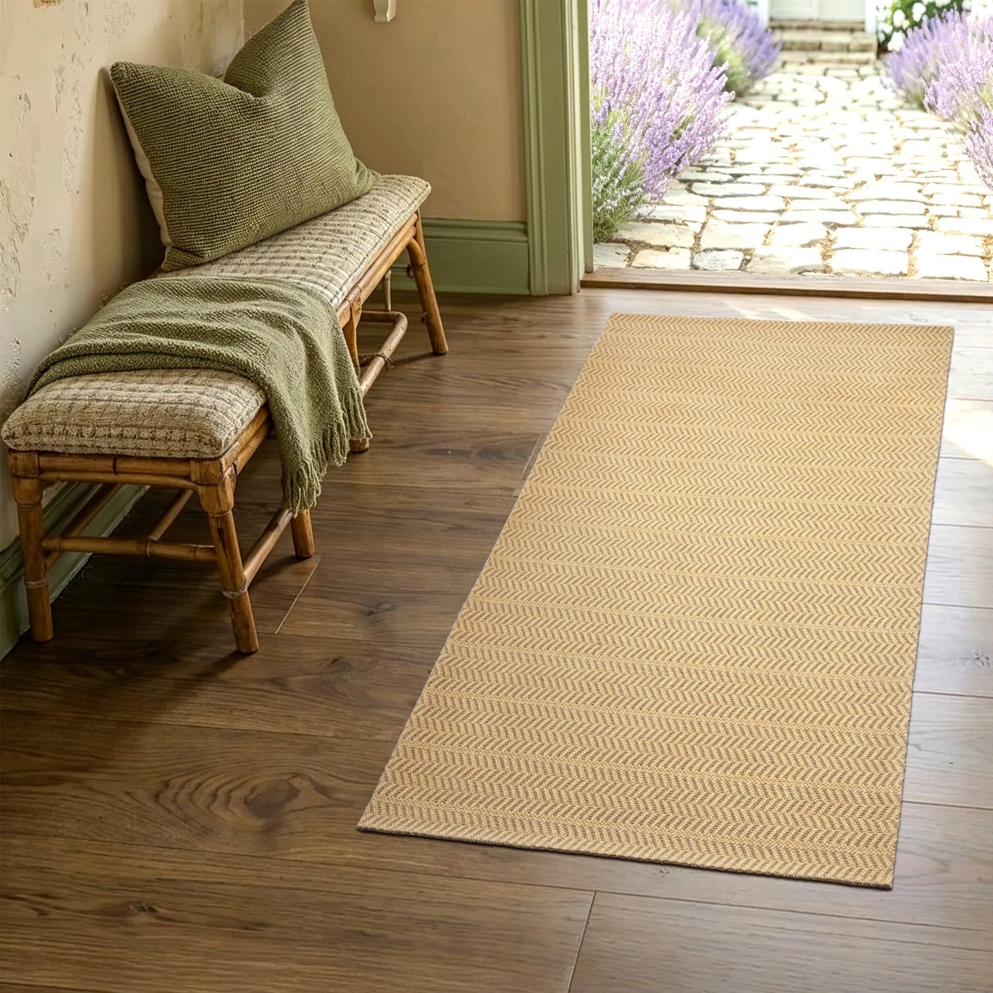 MatEssenz 2x4 ft Faux Linen Accent Rug, Washable Woven Textured Small Area Carpet for Bedside Porch, Slip Resistant Gel Backing Indoor Floor Mat for Bedroom Dorm, Khaki