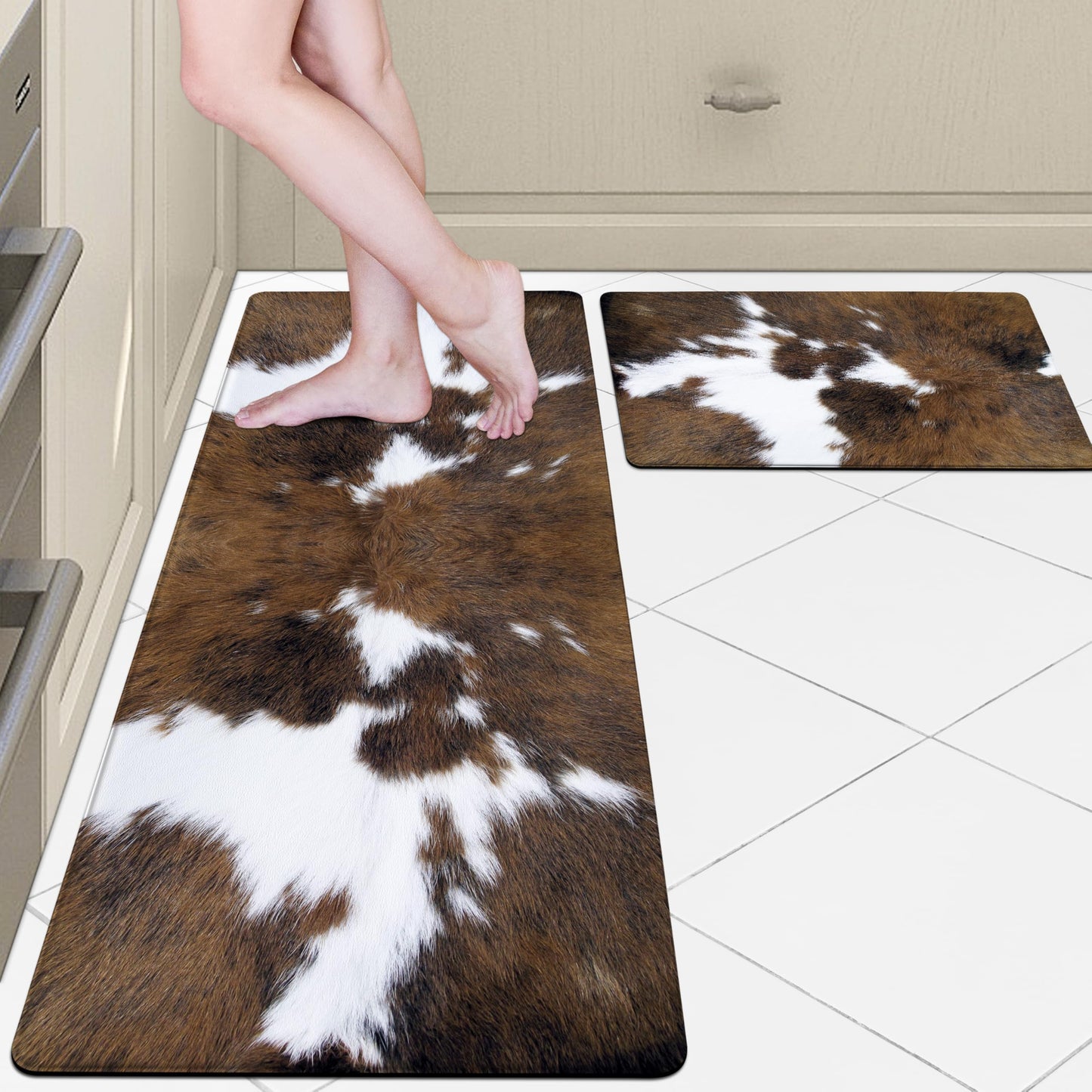 Western Cowhide Kitchen Rugs Set of 2 Black Brown Cow Print Rugs Anti Fatigue Mats for Floor Non Skid Waterproof Comfort Standing Runner Mat for Sink Laundry Office (Brown, 17.5"x29.5"+17.5"x47")