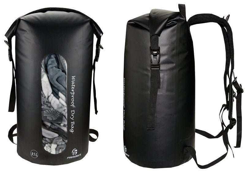 Freegrace Waterproof Dry Bag Set of 3 - Submersible Dry Sack with Double Zip Lock Seals - Includes Waist Pouch & Phone Case - Perfect for Kayaking, Swimming, Boating & Rafting (Window, Black, 35L)