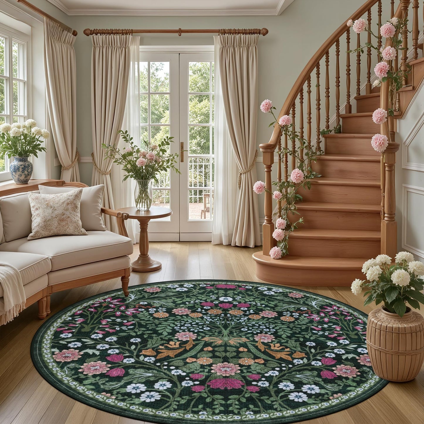 Round Area Rug for Living Room: 6 ft Floral Washable Circle Rug Soft Boho Non-Slip Carpet Indoor Stain Resistant Low Pile Small Circular Rug for Bedroom Entryway Kitchen Nursery Home Office Dark Green