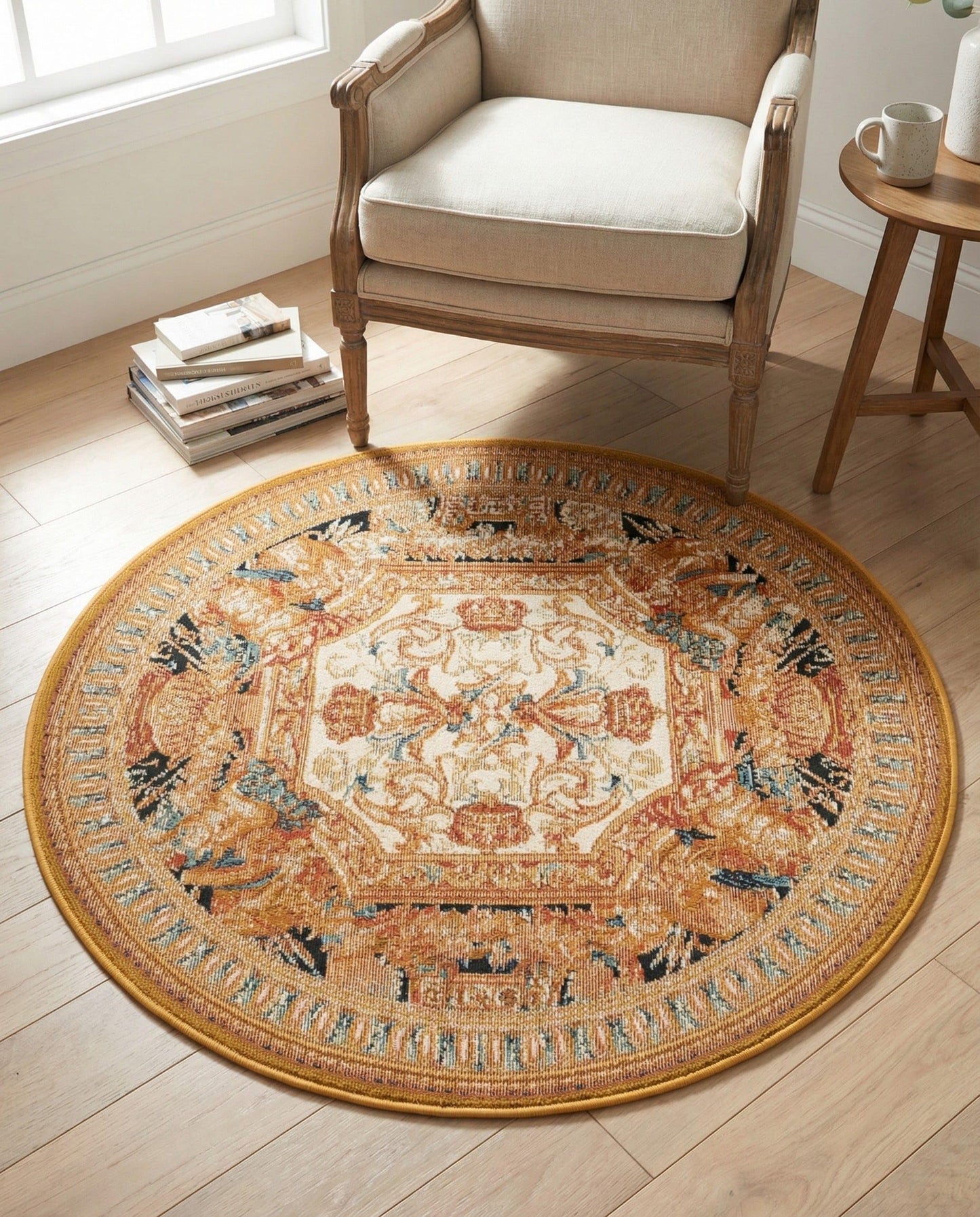 Rugs.com - Outdoor Traditional Rug – 3 Ft Round Black Gold Brown Indoor/Outdoor Rug – Weather-Resistant Flatweave for Patio, Deck, and Porch