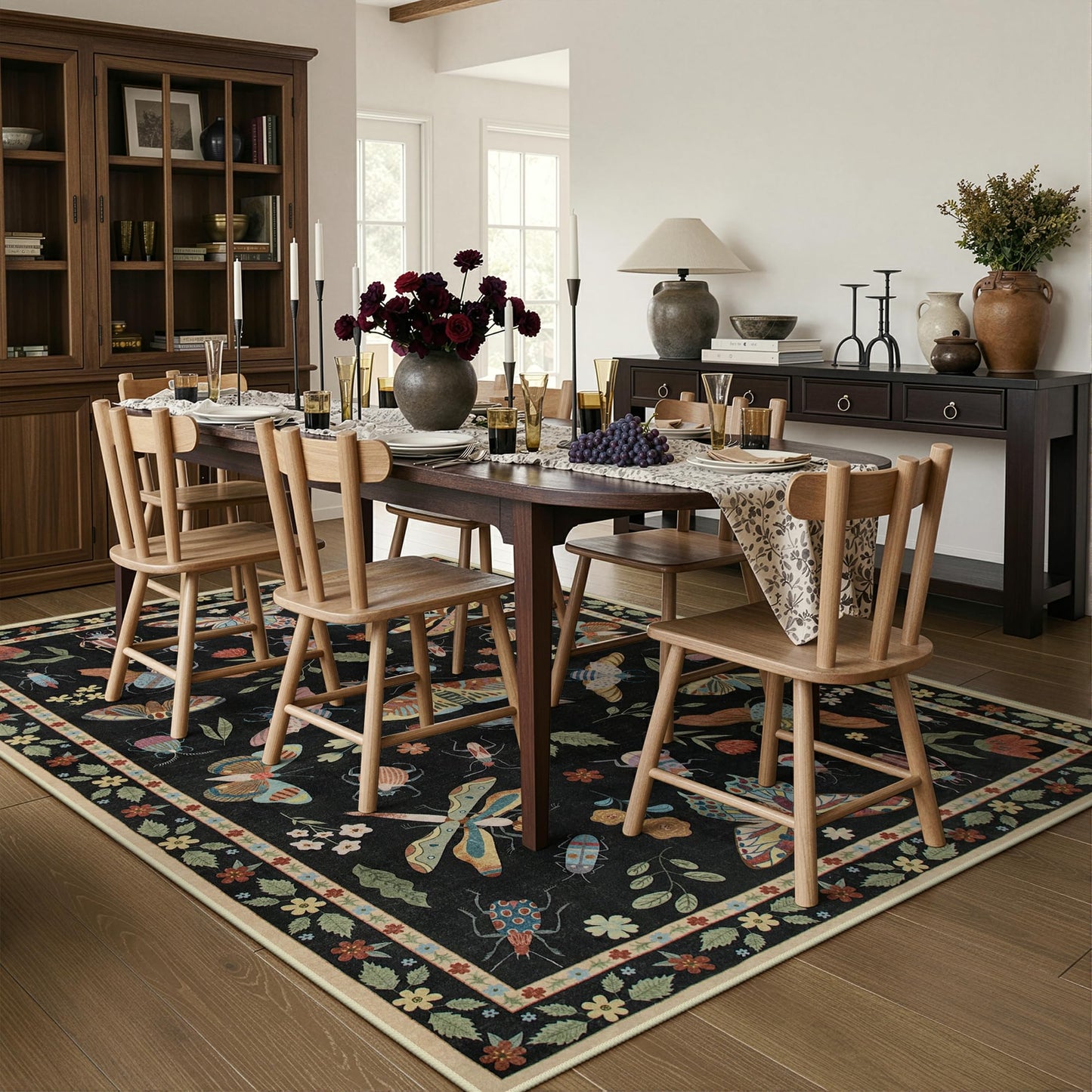 Lahome Insect Washable Rugs for Living Room, Soft Area Rug 6x9 Rug for Bedroom Ultra-Thin Non Slip Dining Room Rug, Stain Resistant Black Rug Large Carpet for Office Nursery Vionnet(6'x9',Black)