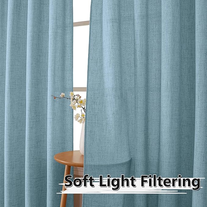 Tollpiz Linen Curtain Bedroom Rod Pocket Semi Sheer Curtains Burlap Light Filtering Thick Linen Drape for Living Room, 38 x 84 inches Long, Dusty Blue, Set of 2 Panels