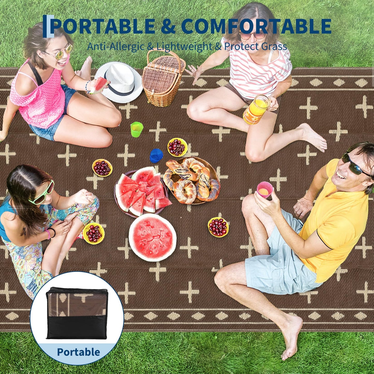 GarveeHome 9'x12' Outdoor Rug Waterproof – Reversible Plastic Mat for Patio & RV Camping, Large Geometric Rug for Deck Balcony, Portable Foldable Picnic Rug with Carry Bag, UV Resistant, Brown