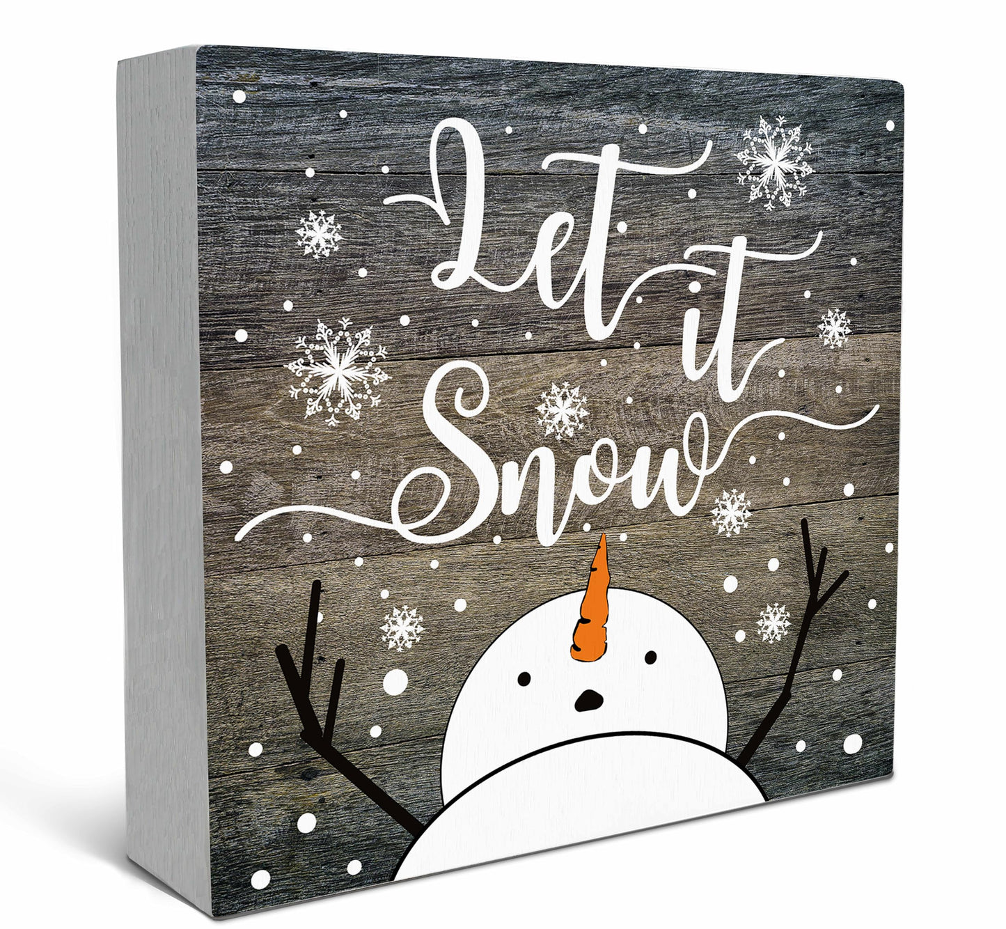 SRADMO Let It Snow Christmas Wooden Sign Desk Decor, Snowman Christmas Decor, Rustic Winter Snowflake Wood Block Signs for Home Office Xmas Party Holiday Desk Table Shelf Decorations, 5x5 Inches