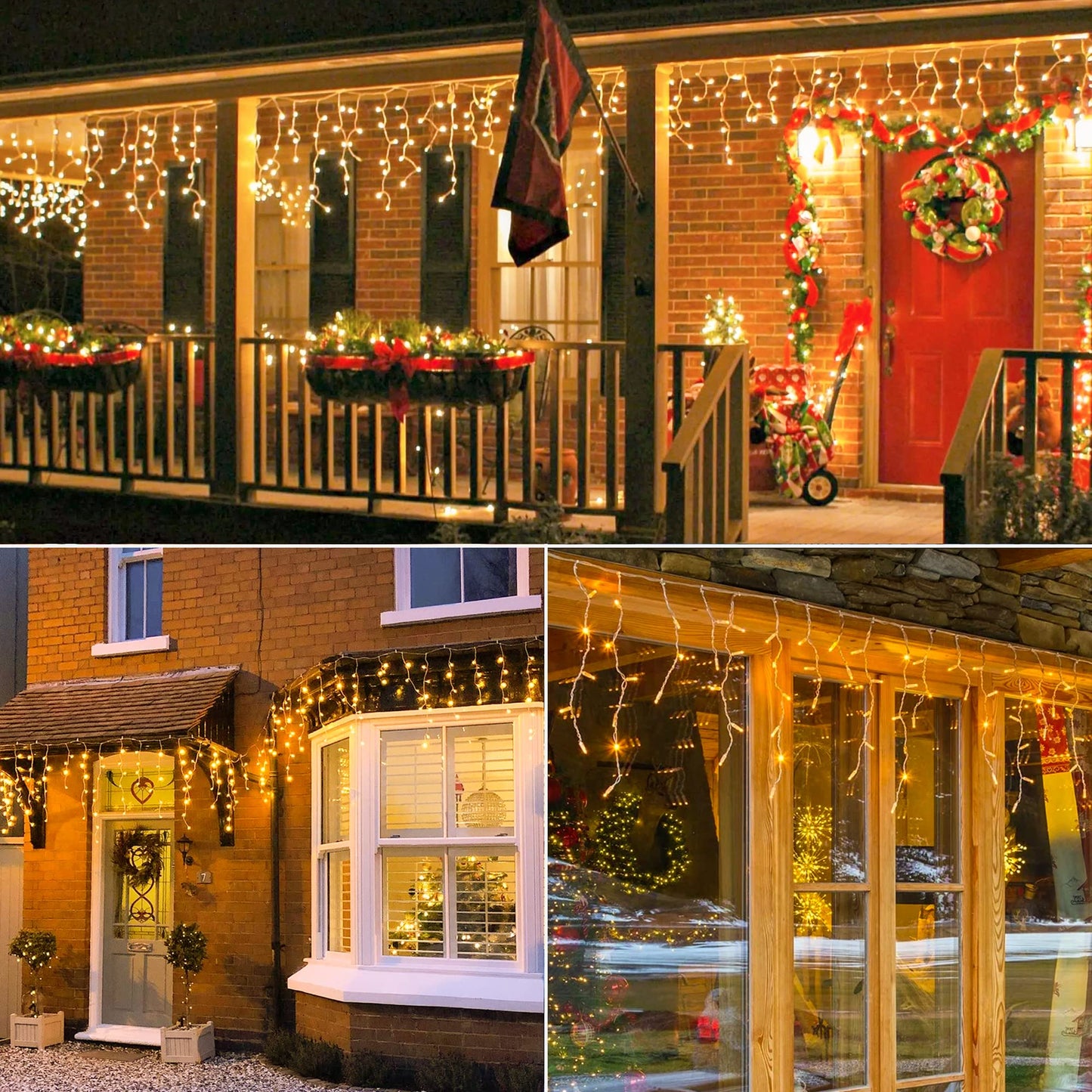 Hopolon 33FT 360L LED Christmas Icicle Lights Outdoor Waterproof,8 Modes Plug in Curtain String Lights with 60 Drops for Wedding, Party, Bedroom, Home, Garden, Wall Decorations(Warm White)