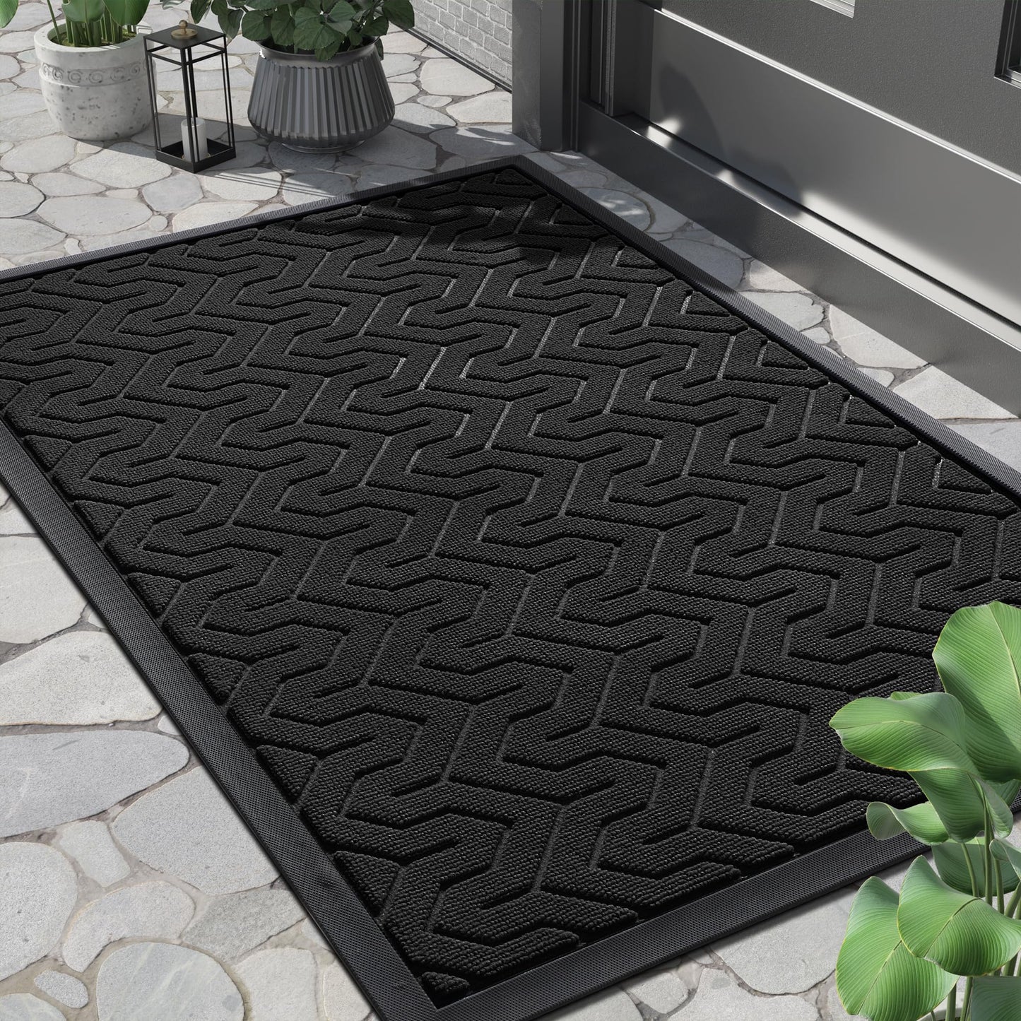 Yimobra Front Door Mat Outside Entrance 29.5x17, Waterproof Heavy Duty Outdoor Mats for Front Door, Non Slip Rubber Entry Mat for Garage Patio Indoor, Black