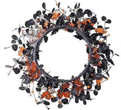 YNYLCHMX 18" Halloween Wreath for Front Door, Halloween Door Wreaths, Fall Autumn Farmhouse Wreath with Golden and Black Maple Leaves for Home Winsow Decorations Indoor Outdoor Party Decor