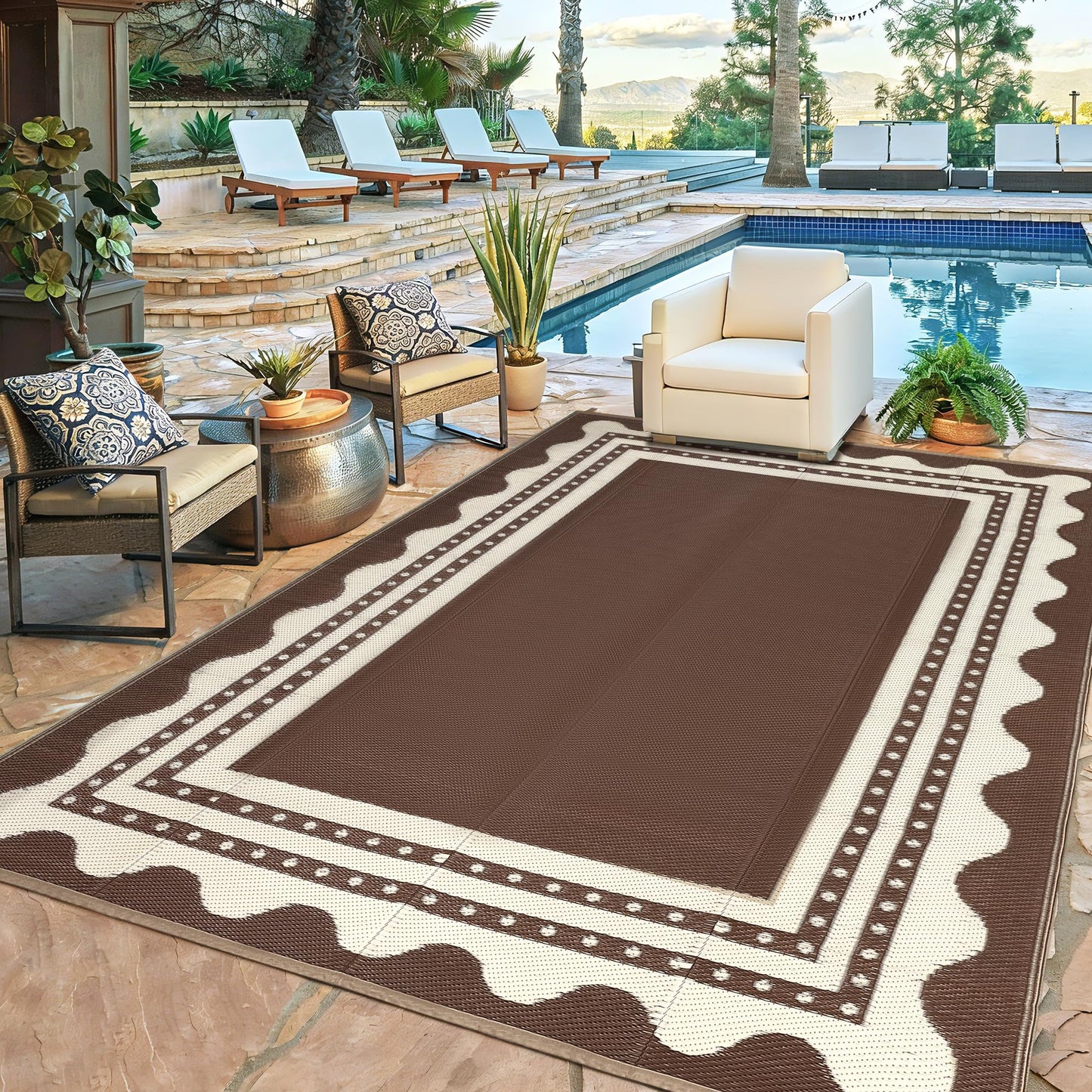 IDEALHOUSE Waterproof Outdoor Rug 9x12 for Patio, Reversible Modern Area Rug, Large Plastic Straw Mat for Camping, RV, Porch, Backyard, Deck, Picnic, Beach, Brown & Beige