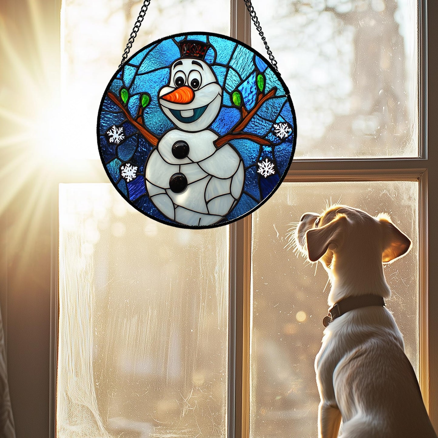 JOSUMALY Stained Glass Window Hanging Christmas Funny Snowman 11.8" - Suncatcher Door Garden Blue White Snowflakes Sun Catcher New Year Birthday for Friend Mom Men Woman Nana