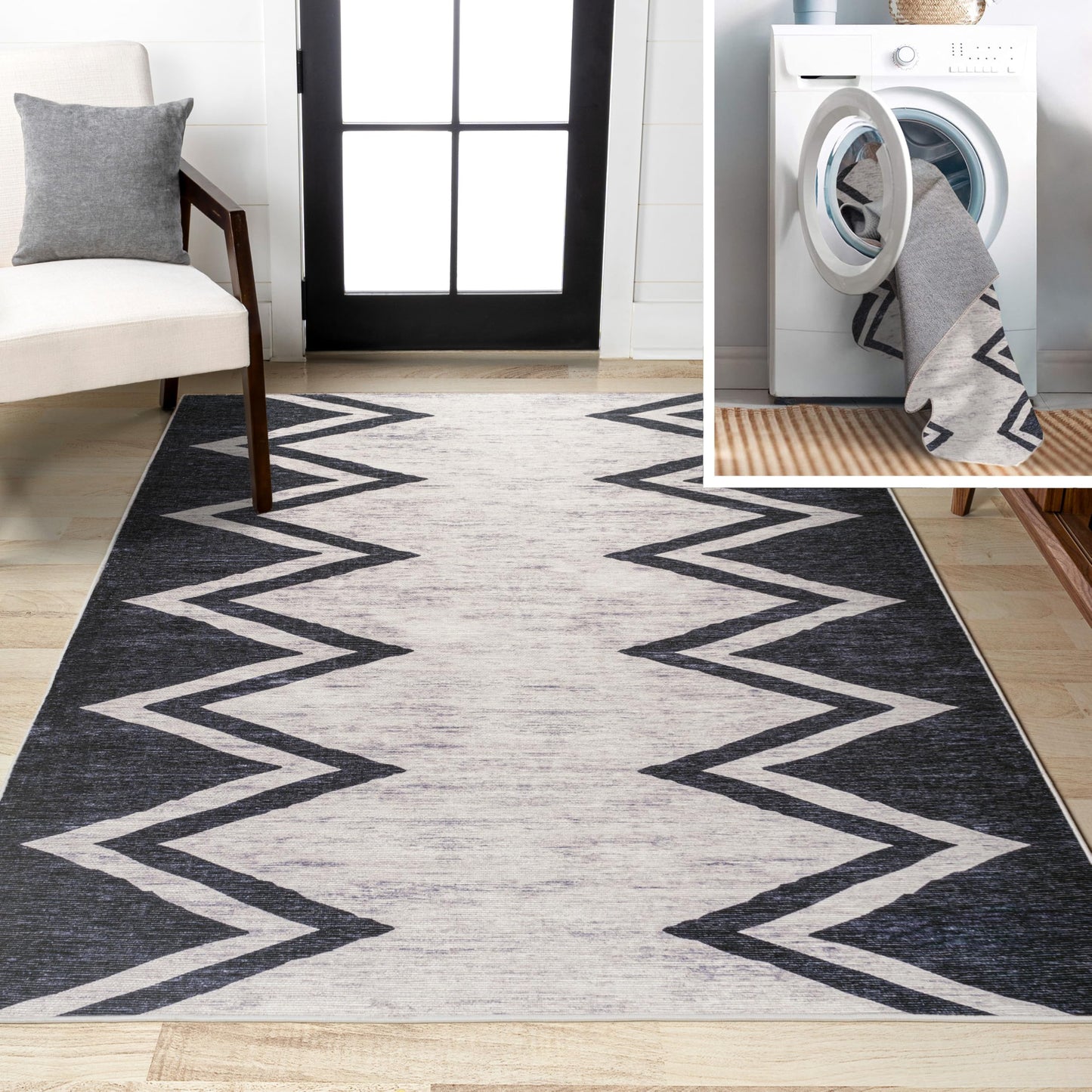 JONATHAN Y Machine Washable Ivory/Navy Indoor Area Rug 4X6 ft, Siksak Modern Chevron Border for Living Room, Bedroom, Kitchen, Office, Easy-Cleaning, Pet-Friendly, Non-Shedding WSH124A-4
