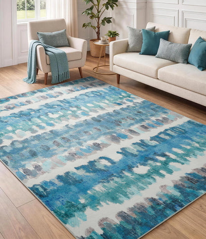 YIHOUSE Abstract Area Rug 5x7, Washable Blue Rugs for Living Room, Non-Slip Backing, Low-Pile Soft Modern Rug for Bedroom, Dining Room, Office, Nursery