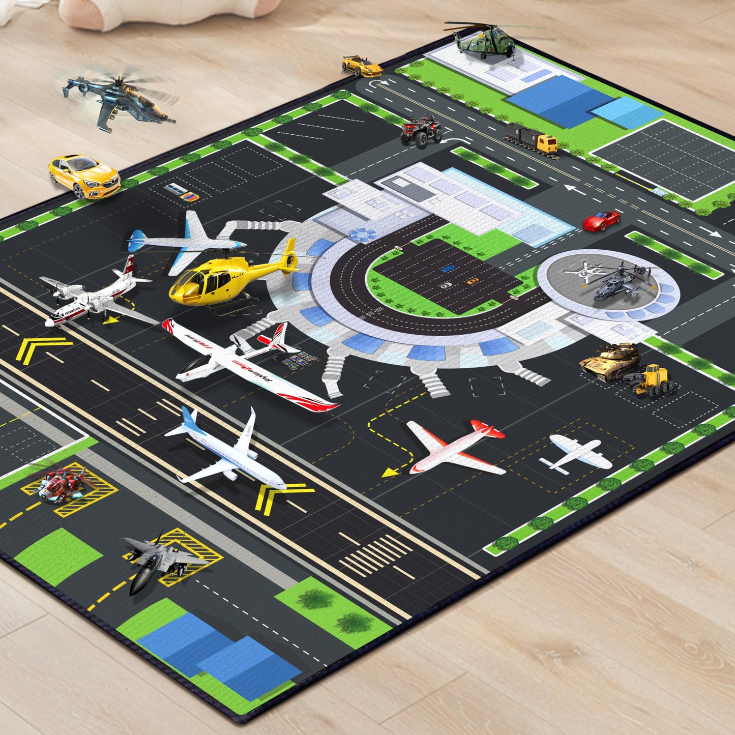 Isyorefam Play Rug for Kids Playroom, 2x3 Airport Carpet with City Road Traffic System and Aircraft Runway, Airport Playmat Airplane Rugs Non-Slip Washable Area Mat for Boys Bedroom