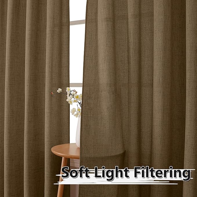 Tollpiz Short Linen Curtain Bedroom Rod Pocket Semi Sheer Curtains Burlap Light Filtering Thick Linen Drape for Living Room, 38 x 54 inches Long, Brown, Set of 2 Panels