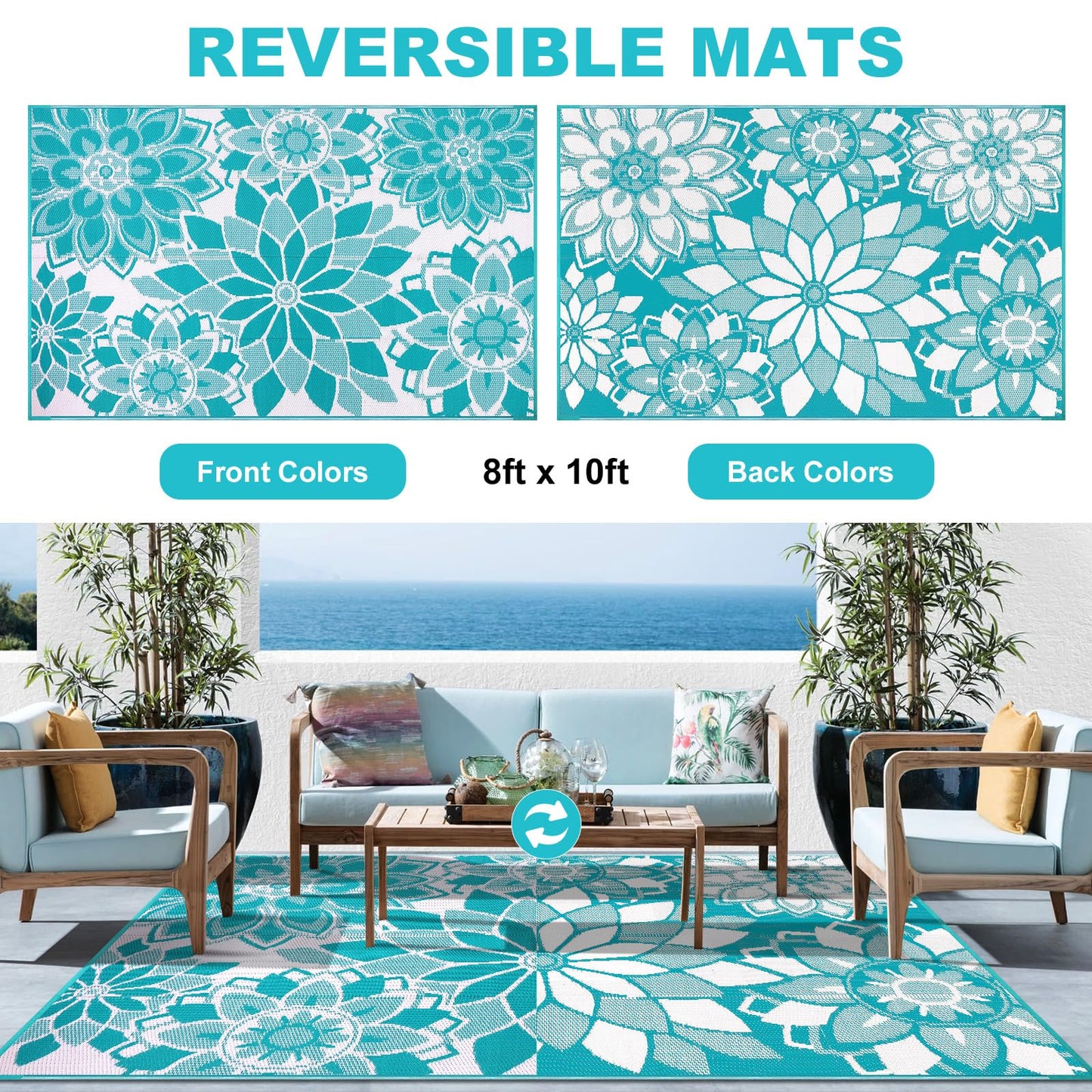 LOKHOM Outdoor Rug for Patio 8x10 ft Reversible Plastic Straw Patio Camping Rug, Floral Waterproof RV Mat for Camper Indoor Outdoor Carpet for Deck Porch Picnic Beach Balcony Backyard, Teal & White