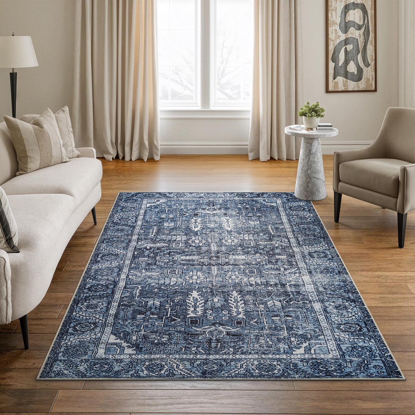 Bloom Rugs Washable Non-Slip 5' x 7' Rug - Blue Traditional Area Rug for Living Room, Bedroom, Dining Room, and Kitchen - Exact Size: 5' x 7'
