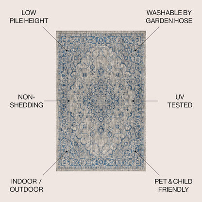 JONATHAN Y Boho Medallion Indoor Outdoor Area Rug 8X10 Gray/Navy, Rozetta Textured Weave for Backyard, Patio, Porch, Easy-Cleaning, High Traffic, Pet-Friendly, Non-Shedding (SMB102B-8)