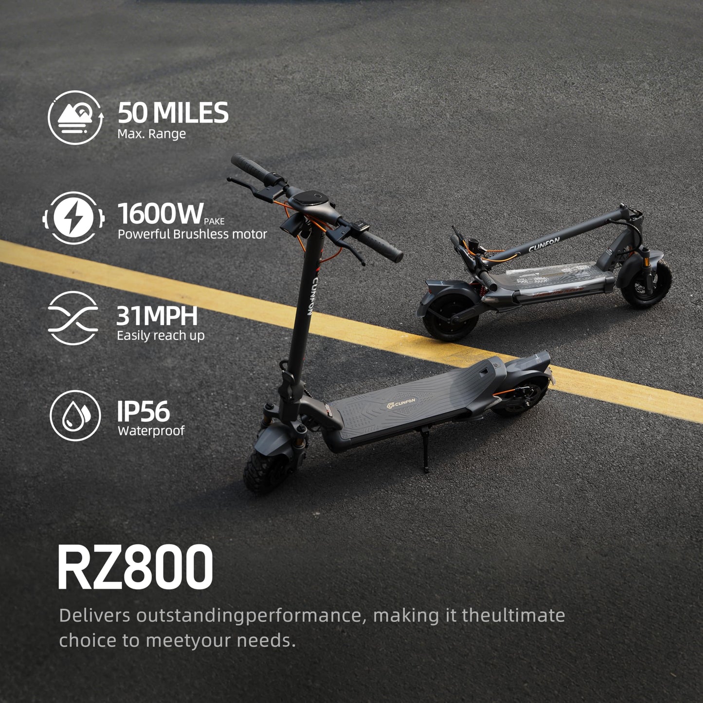 CUNFON Electric Scooter, Up to 31 MPH, 50 Mile Long Range, Dual Brake & Dual Suspension, 1600W Peak Motor, Off-Road Heavy Duty E-Scooter for Adults and Teens, 300+ lbs