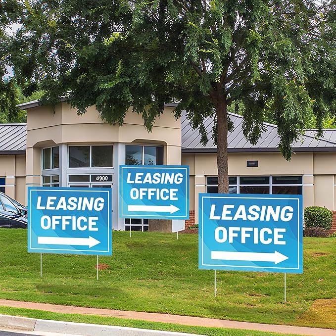 Ripeng 3 Pcs Leasing Double Sided Yard Signs with Arrow 16 x 12 Inch Yard Signs with Stakes for Outdoor Office Retail Store Restaurant Bar Hotel(Leasing Office)