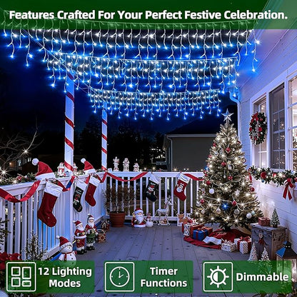 612 LED Christmas Lights with 136 Drops, 60ft 12 Modes Hanging ice String Lights with Timer & Dimmable & Waterproof, Plug-in Fairy Lights for Holiday Wedding Party Christmas Decor Blue & CoolWhite