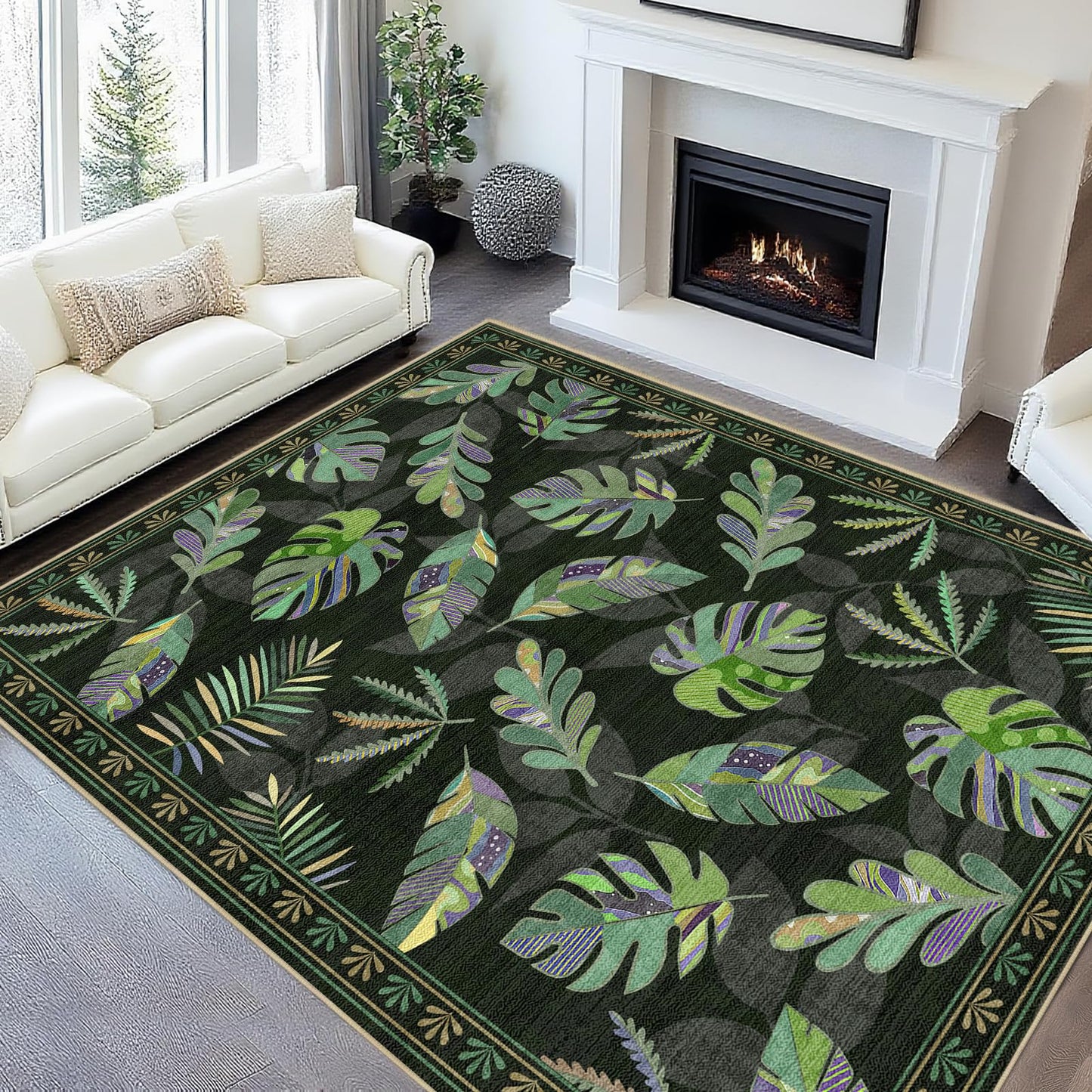 Large Area Rug 5x7 Monstera Rug Living Room Sage Green Leaf Rugs Machine Washable Tropical Botanical Rug Non Slip Printed Low Pile Indoor Floor Carpet for Dining Room Bedroom Office,Green