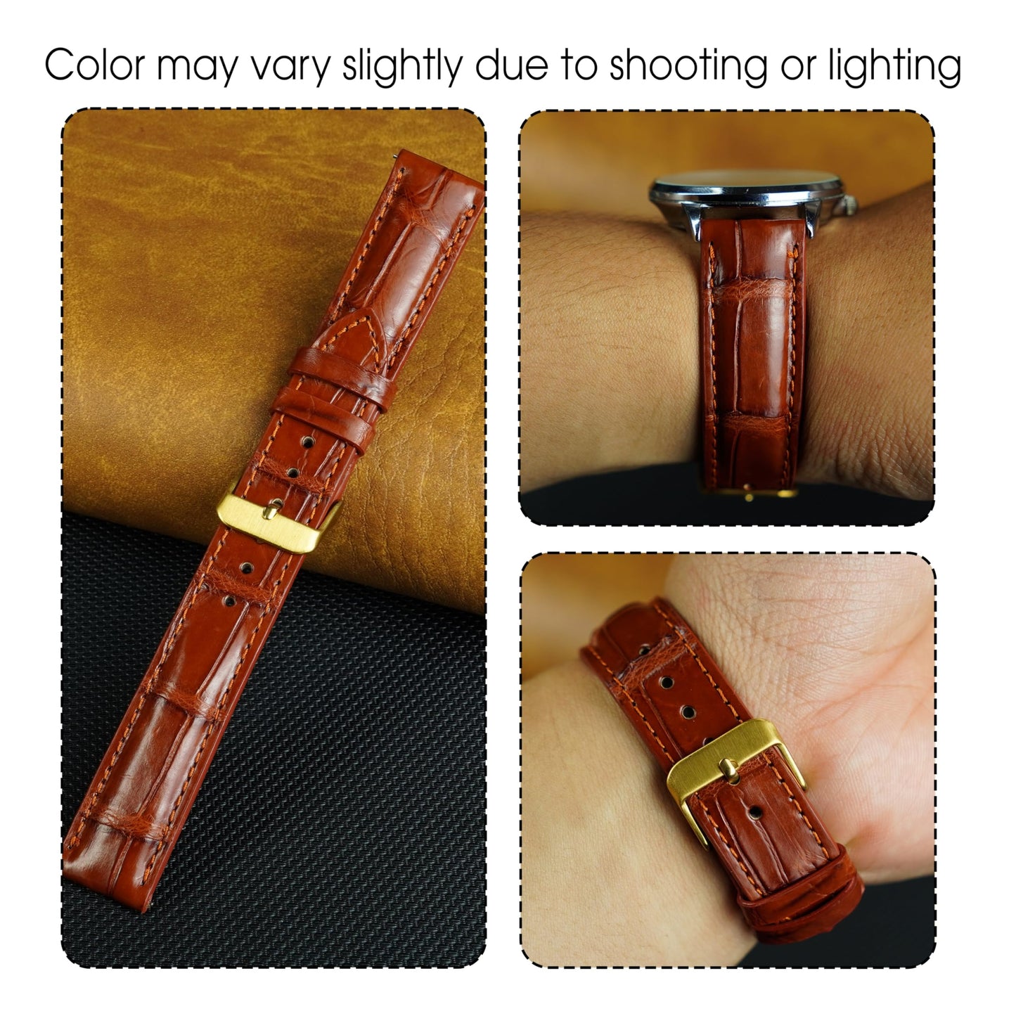 Premium 18mm Light Brown Watch Band for Men, Handcraft Leather Watch Strap, Easy Install Strap Gold Stainless Buckle Present Gift Husband Boyfriend Son Christmas Fathers Day Birthday DH06G18MM