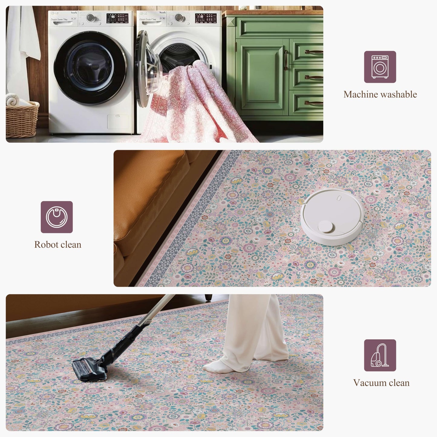 Clemile Floral Area Rug 5x7 - Washable Ultra-Thin Living Room Rug Non-Slip Carpets - Soft & Stain Resistant Rug for Kitchen Bedroom Dining Room Indoor Colorful Pink